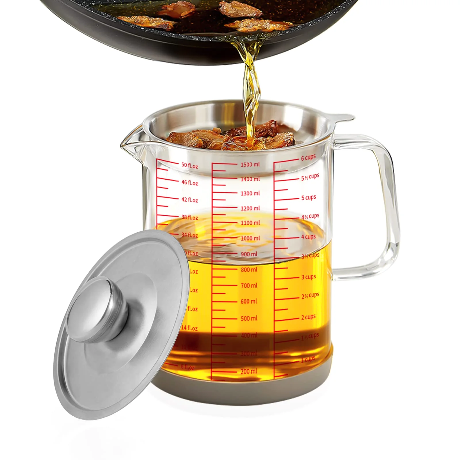 The glass Luvan grease keeper with its fine-mesh strainer and lid.